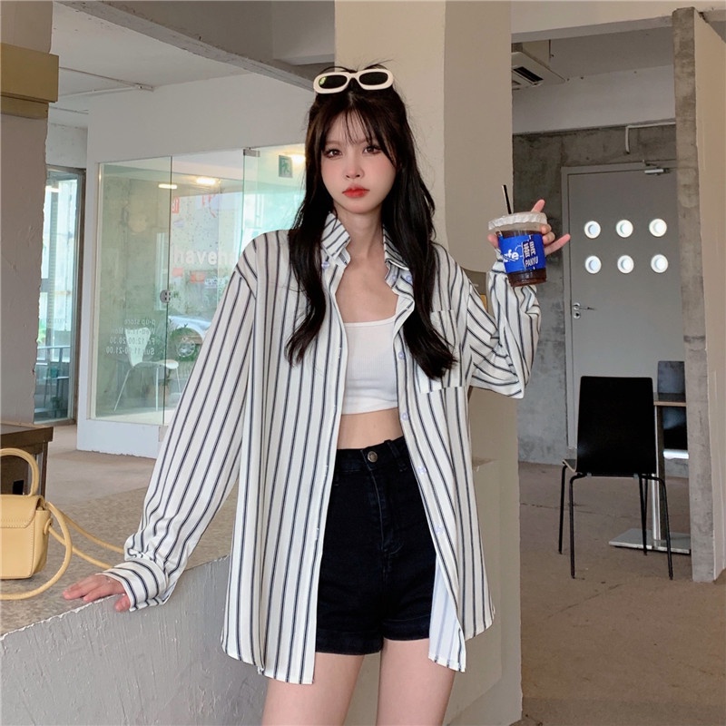 SUXI Áo Sơ Mi Nữ Dài Tay Họa Tiết Sọc Dọc Thời Trang