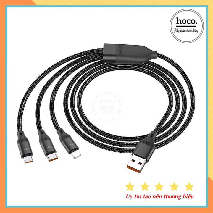 Cáp sạc nhanh và truyền dữ liệu 3 đầu 66W Hoco U104 hàng chính hãng bảo hành 12 tháng