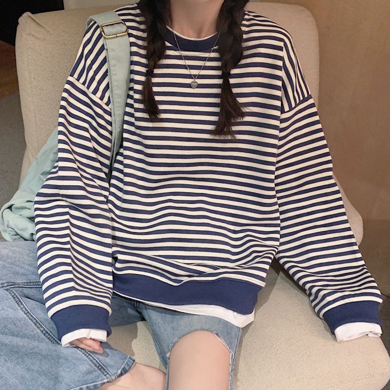 Áo Thun Sweater Mỏng Cổ Tròn Dáng Rộng Kẻ Sọc Thời Trang Mùa Thu Cho Nữ