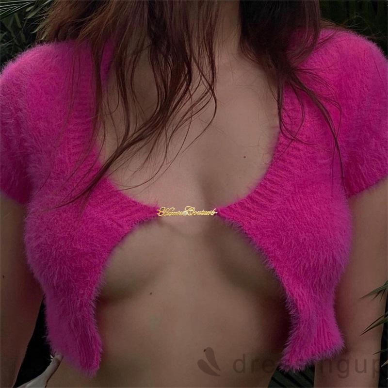Áo cardigan tay ngắn phối dây xích kim loại thời trang cho nữ