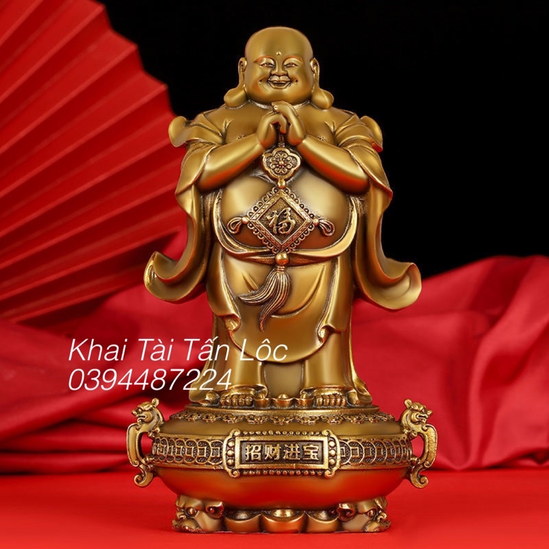 TƯỢNG PHẬT DI LẶC CẦM CHỮ PHÚC ĐỨNG TRÊN CHẬU TỤ BẢO BẰNG ĐỒNG 20cm