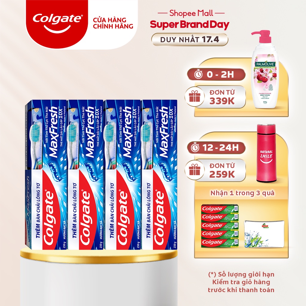 [Mã FMCGCOL giảm 8% đơn 250K] Bộ 4 Kem đánh răng Colgate Maxfresh 230g tặng bàn chải