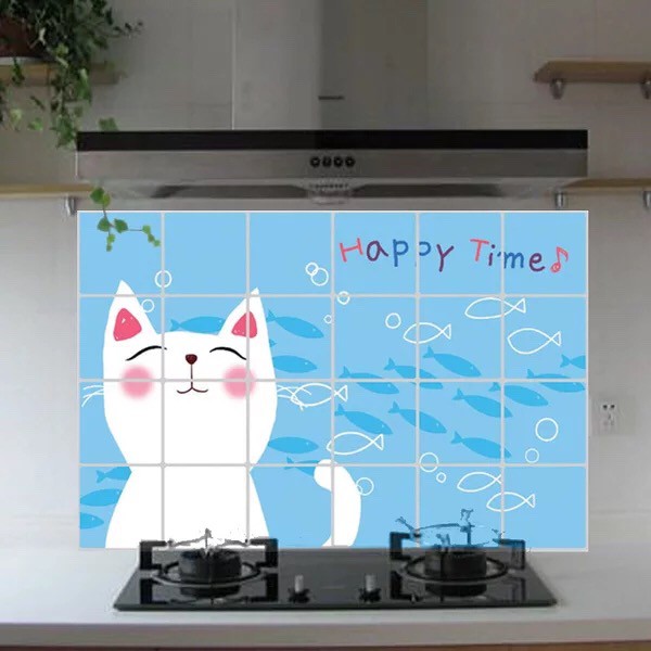 Decal dán bếp tráng nhôm cách nhiệt - mèo trắng Happy Time
