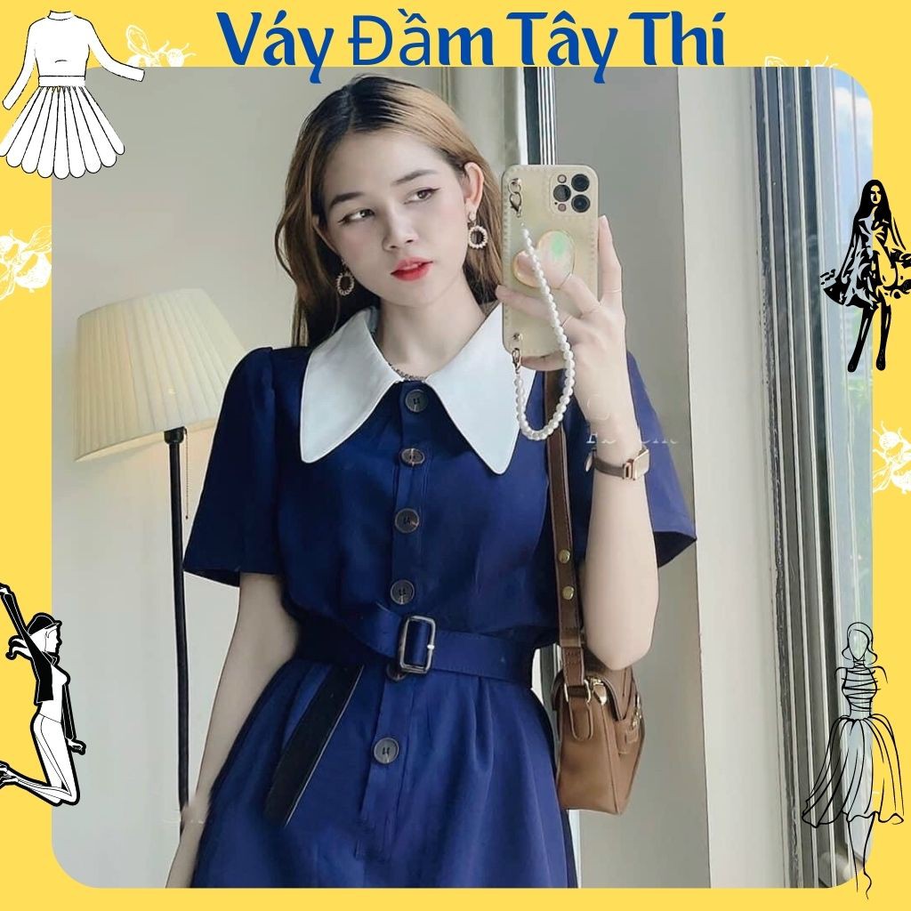 Đầm midi tay ngắn, váy midi dài xanh cổ peter trắng phối nịt siêu xinh đi chơi đi du lịch hẹn hò đều xinh Tây Thi Shop | BigBuy360 - bigbuy360.vn