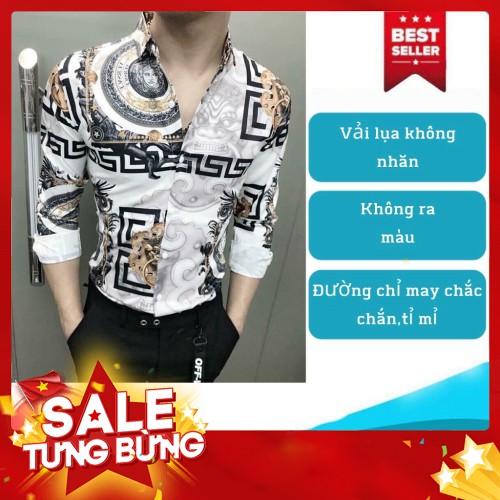 ÁoSơ mi nam tay dài Sơ mi nam hoa văn thổ cẩm trắng chất lụa dài tay cao cấp - Hàng nhập khẩu