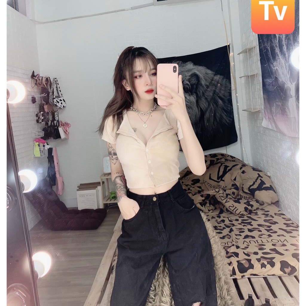 Áo kiểu croptop phối màu loang cài nút trước xinh , chất thun bozip mềm mịn ( ảnh thật )