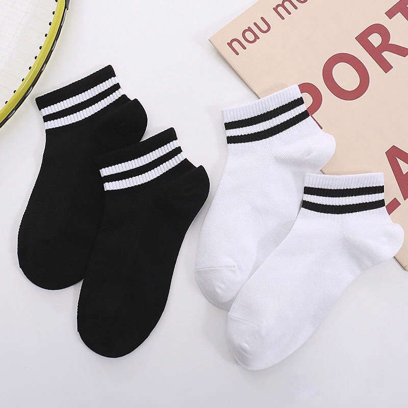 Combo 5 Đôi Tất Vớ Cổ Ngắn 2 Sọc Unisex Nam Nữ Hàn Quốc Đen Trắng 5.0