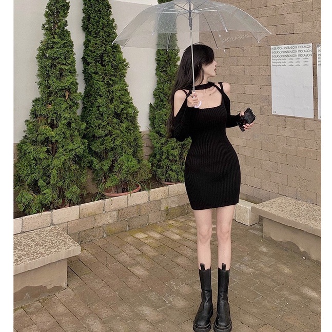 Cocory vn váy dệt kim gợi cảm cho phụ nữ quần áo trễ vai áo dài tay mini dress