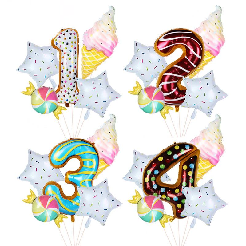 Bộ 5 Bong Bóng Hình Bánh Donut/ Que Kem/ Kẹo/ Chữ Số Dùng Trang Trí Tiệc Sinh Nhật Cho Bé 1 2 3 4 5 6 7 8 9 Tuổi