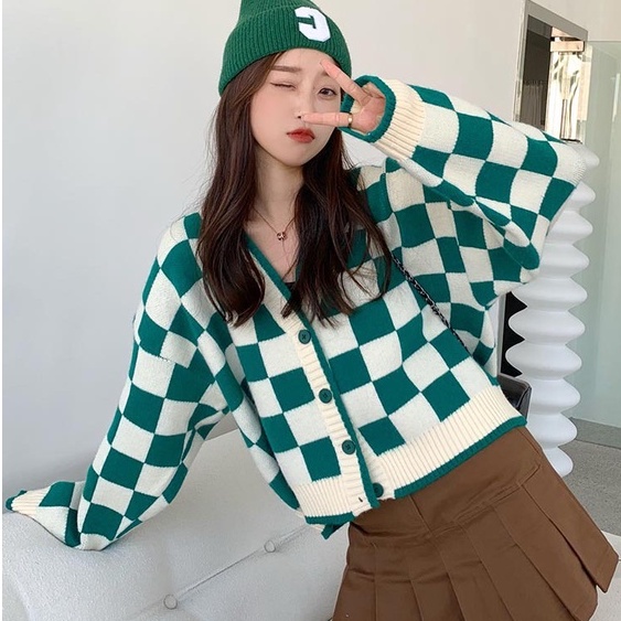 Áo khoác len áo cardigan len sọc caro xanh dáng croptop phong cách trẻ trung cá tính PANOSI - A665