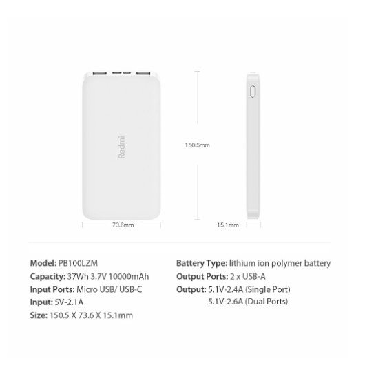 CHÍNH HÃNGPin Dự Phòng Xiaomi Redmi 10000mAh Standard Edition-006018 {BẢO HÀNH CHÍNH HÃNG}