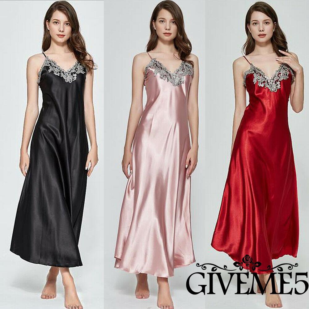 Jry₪UK Women V-neck Satin Silk Lace Lingerie Pajama Night Dress Nightgown Sleepwear