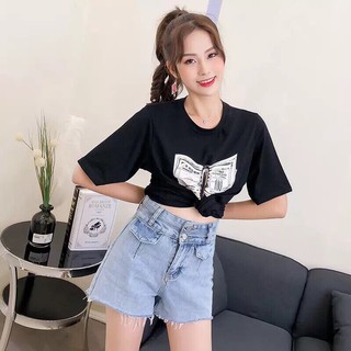 Quần short jean cạp cao nắp túi