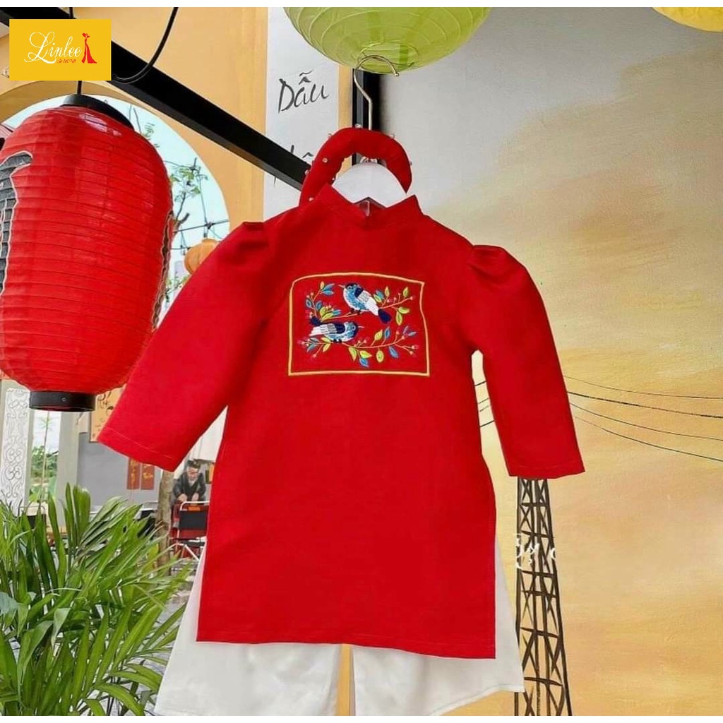 Sét áo dài bé gái 🎀LINLEE🎀chất liệu tapta cao cấp đẹp họa tiết thêu sắc nét 3 màu hồng đỏ vàng | BigBuy360 - bigbuy360.vn