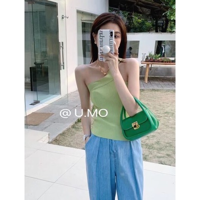 Áo mongtoghi khoét lệch vai dây chéo len tăm A-3001