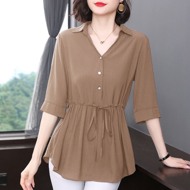 Áo Sơ Mi Tay Ngắn Cổ Chữ V Dáng Rộng Thiết Kế Mới Cao Cấp Thời Trang Cho Nữ