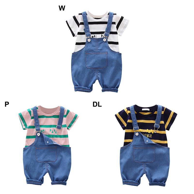 Set quần yếm + áo thun ngắn tay họa tiết sọc ngang thời trang cho bé trai