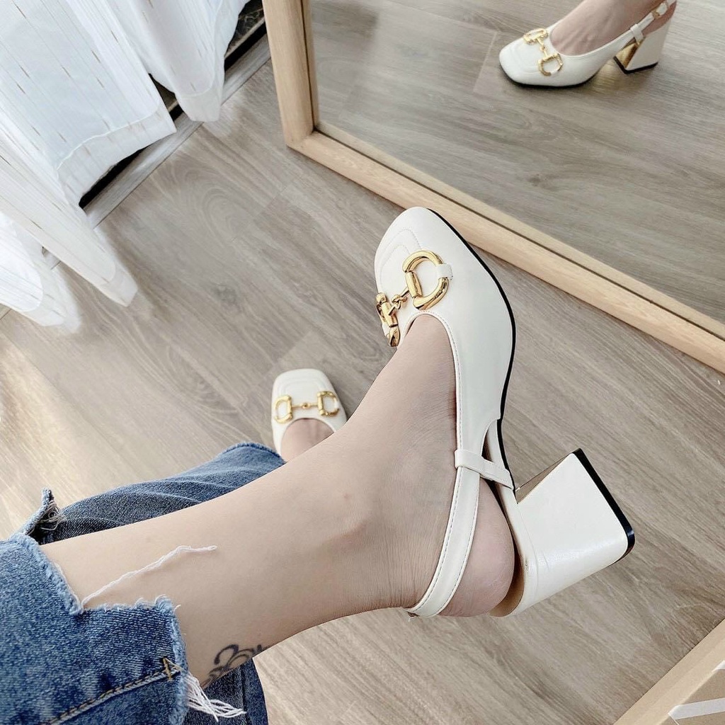 Giày cao gót mũi vuông phối quai xích gót 7cm sang chảnh