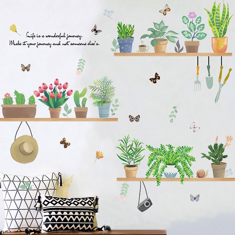 Decal dán tường chậu cây xanh trên kệ, sẵn keo dán không thấm nước .