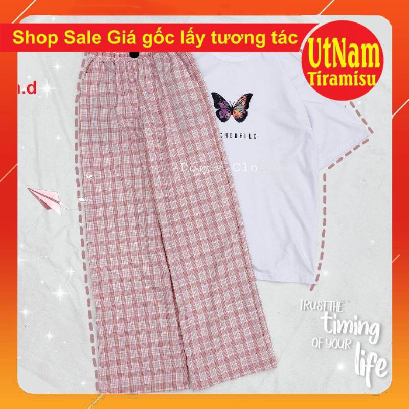 sét áo bướm + quần kẻ cúc hồng, form thụng tay lỡ,unisex giá rẻ