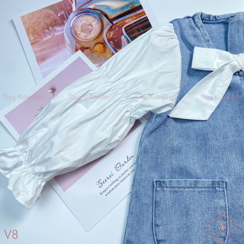Váy Đầm Jean Dài Tay Nơ Ngực Cho Bé Gái Từ 9-17kg [V8]
