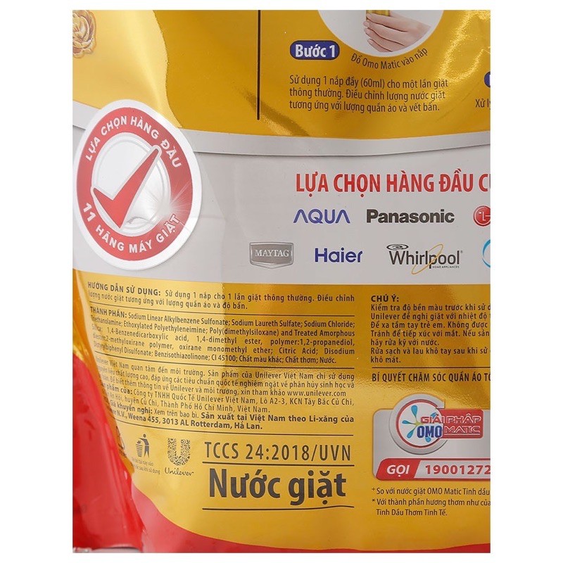 Nước giặt OMO Matic Comfort tinh dầu thơm cho máy giặt cửa trên gói 2kg