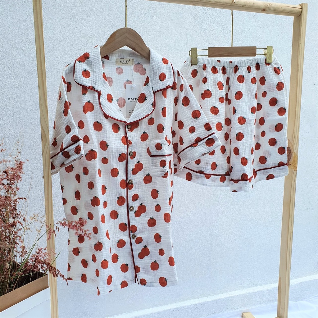 Pyjama mặc nhà đùi xô muslin họa tiết quả cà chua xinh xắn