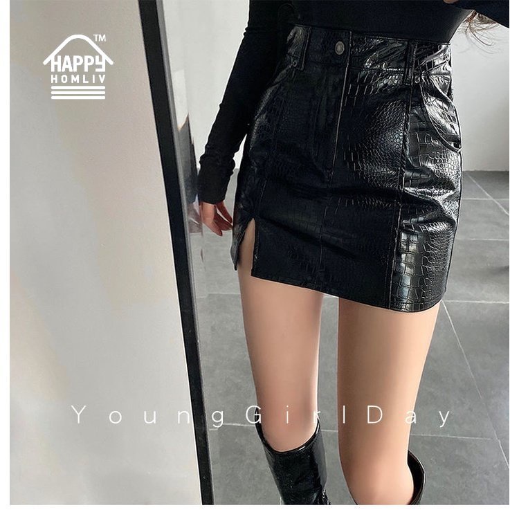 HAPPY HOMLIV Chân Váy Da PU Ngắn Lưng Cao Xẻ Tà Họa Tiết Da Cá Sấu Thời Trang Bigsize Cho Nữ