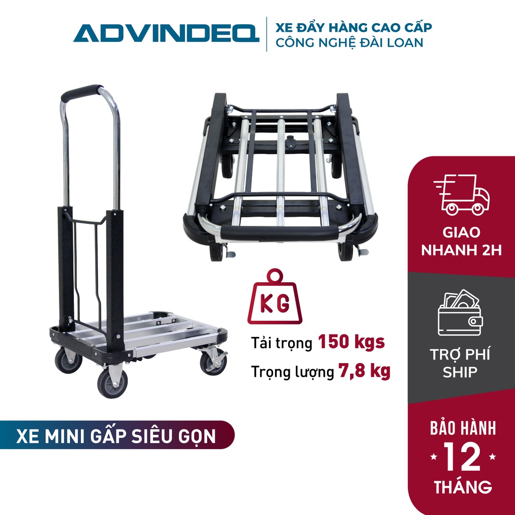 Xe đẩy hàng 4 bánh siêu rút gọn điều chỉnh sàn Advindeq HT-150A (tải trọng 150kg, sàn xe rút siêu gọn,bánh có chốt hãm)