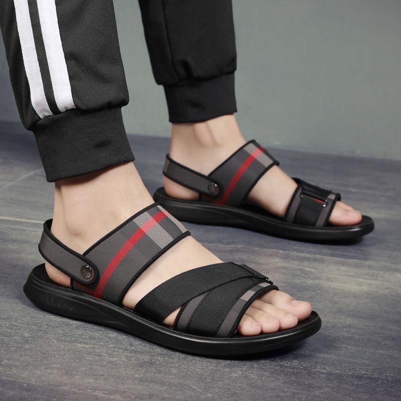 Sandal Nam Kẻ Sọc Đỏ Ghi - Dép Quai Hậu Kiểu Dáng Thời Trang Xu Hướng Mới