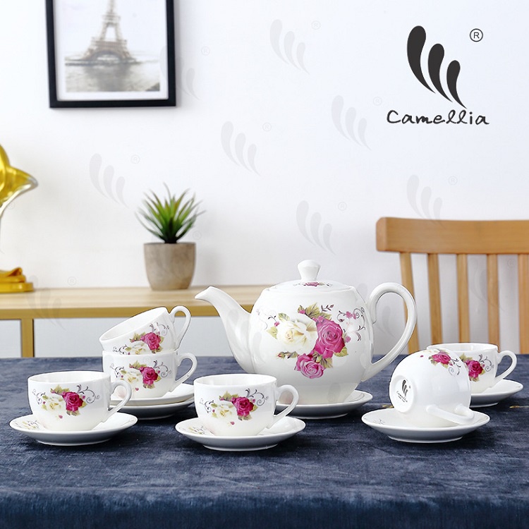 Bộ Ấm Chén Pha Trà Phong Cách Hàn Quốc Đẹp 100% Sứ Xương Camellia Mã 312