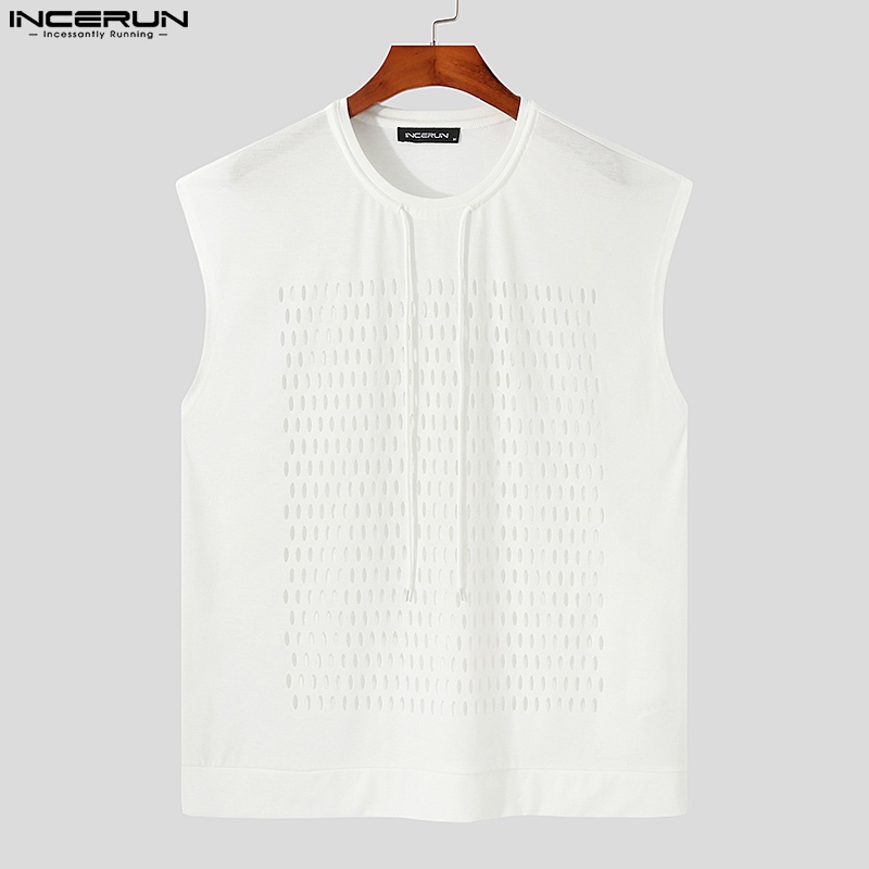 Áo tank top INCERUN không tay xuyên thấu khoét rỗng thiết kế dây rút thời trang cho nam