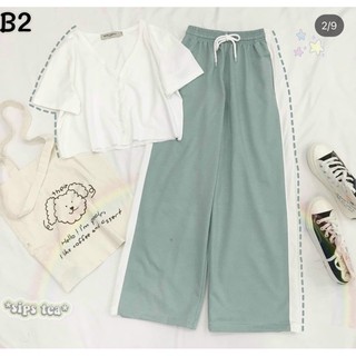 Set áo croptop kèm quần ống suông sọc siêu hot hit