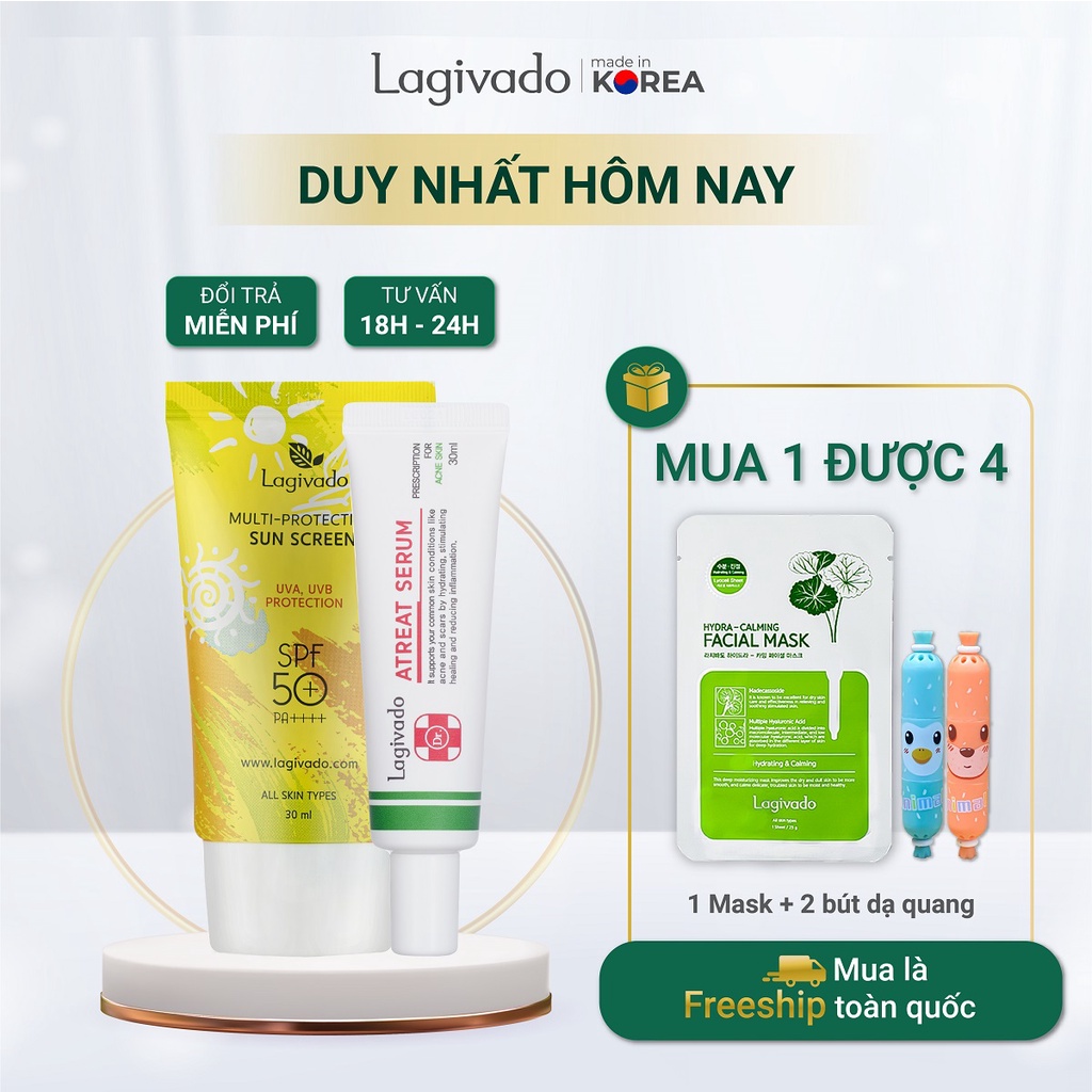 Bộ chăm sóc da mặt Hàn Quốc Lagivado gồm Kem chống nắng Multi-Protection 30 g và Dr. ATreat Serum 30 ml
