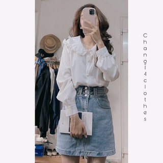 Áo Sơ mi cổ bèo nữ sơ mi trắng cách điệu