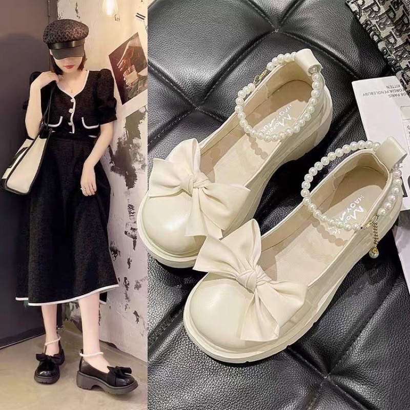 (HÀNG CÓ SẴN) Giày lolita da mềm nơ vải quai cườm BIG SIZE 41-43