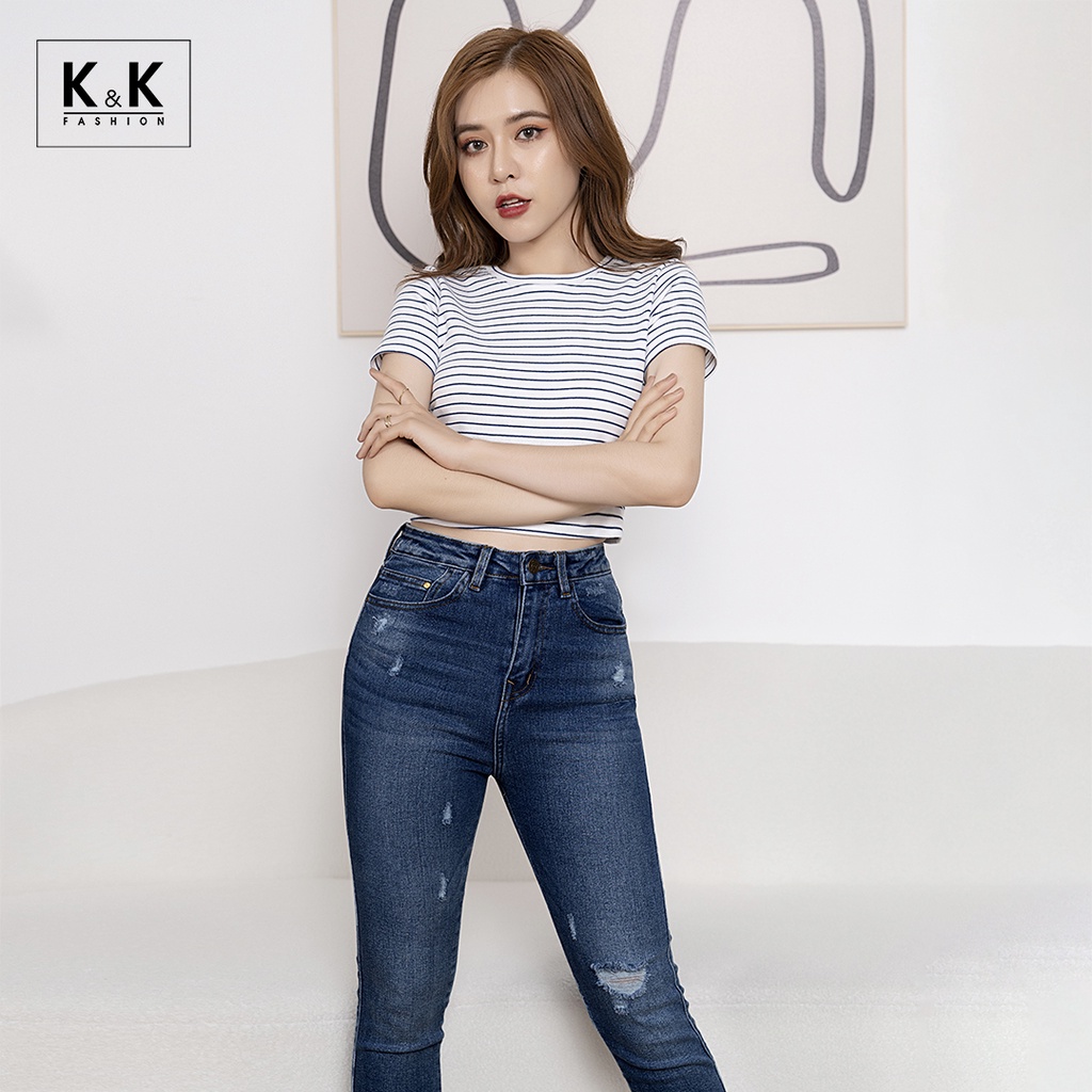 Áo Thun Croptop Họa Tiết Kẻ Ngang K&K Fashion ASM06-38 Chất Thun Cotton