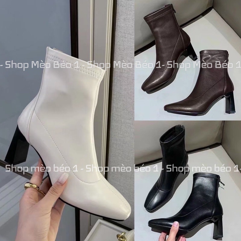 Bốt boot lửng da lì viền chỉ khoá sau gót trụ fullbox hàng quảng châu cao cấp