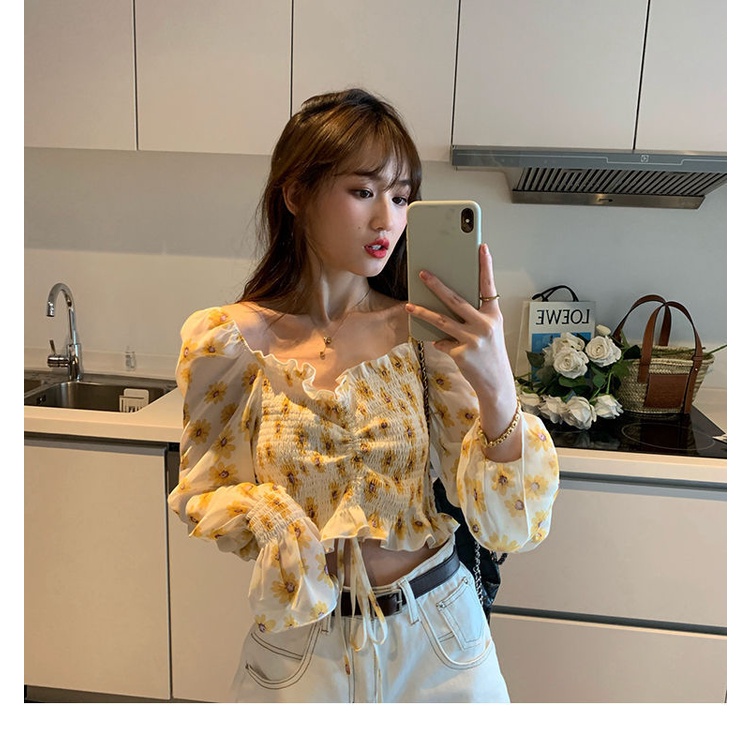 Áo Kiểu Chiffon Tay Phồng Cổ Vuông Họa Tiết Hoa Phong Cách Pháp