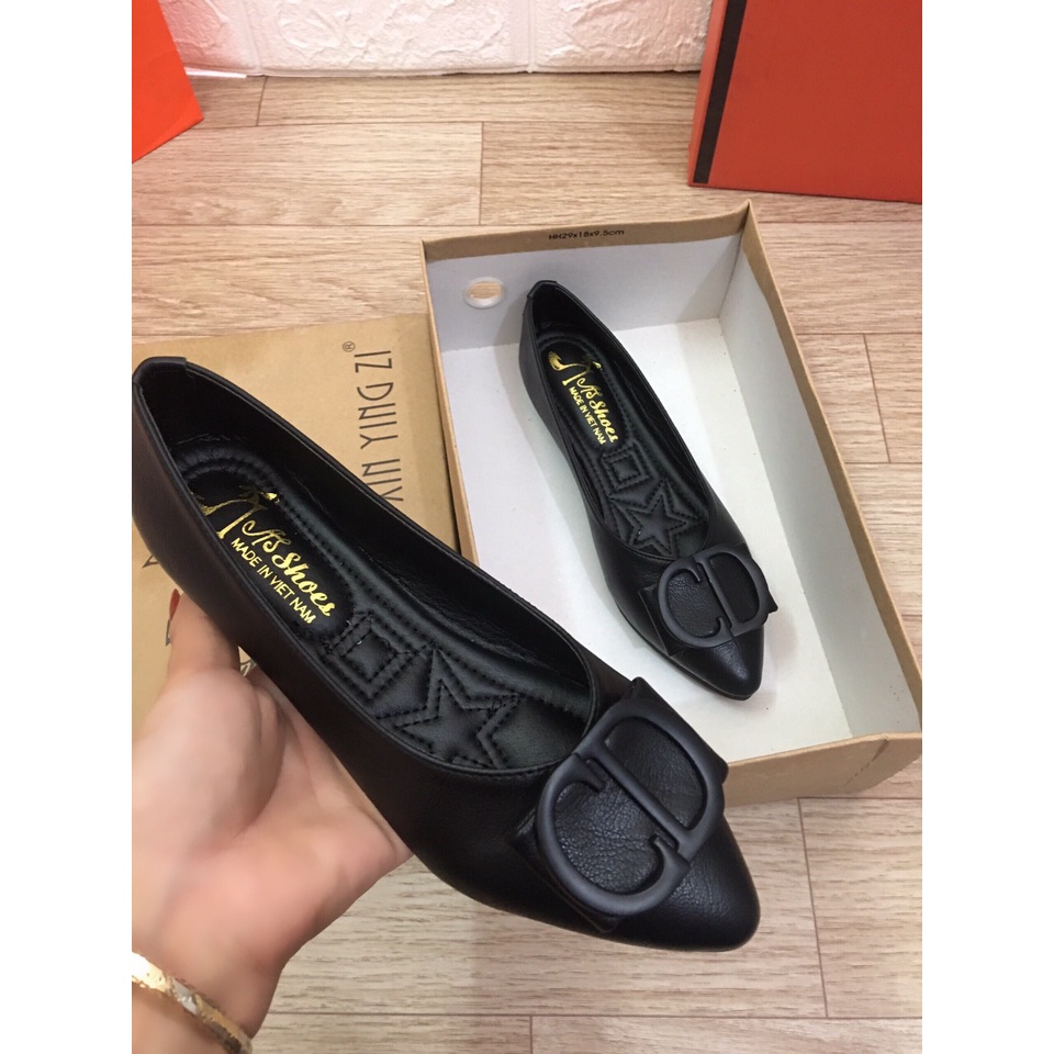 Giày búp bê mũi nhọn da mềm phối khóa êm chân mã B64