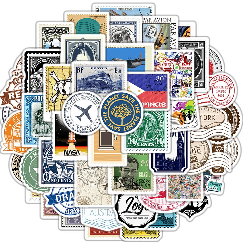 Set 50 miếng dán hình tem bưu chính trang trí nhật ký/sổ tay/sổ kế hoạch