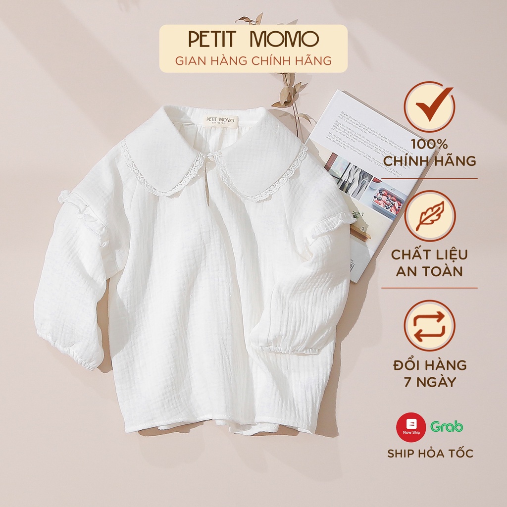 Áo Sơ Mi Dài Tay Cho Bé Gái PETIT MOMO Chất Vải Xô Muslin Mềm Mát Dáng Suông Cổ Sen Viền Ren H188