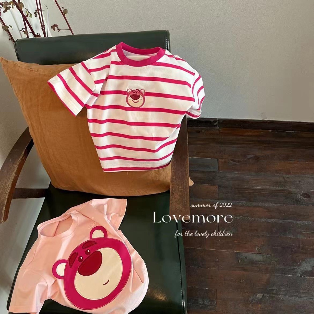 Áo Thun cotton Tay Ngắn In Họa Tiết Hoạt Hình Gấu Và Dâu Tây Màu Hồng Thời Trang Mùa Hè 2022 Cho Bé Trai Và Gái