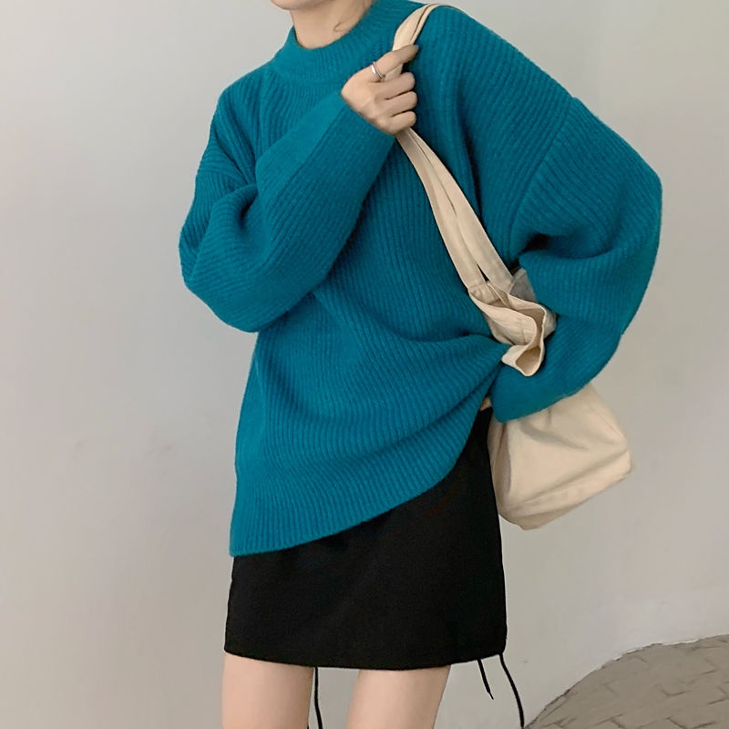 Áo sweater cổ tròn dáng rộng màu trơn mềm mại phong cách Hàn Quốc cho nữ