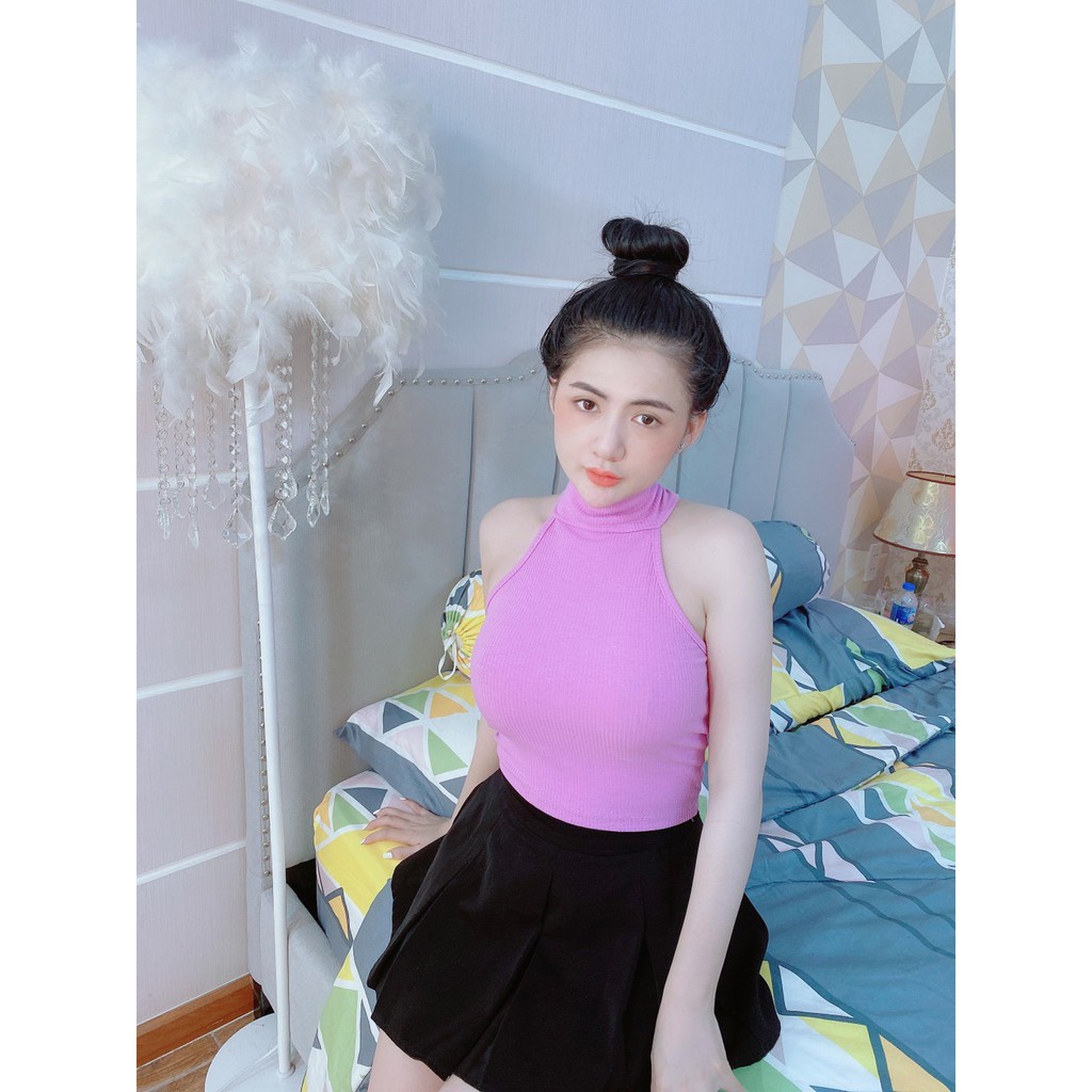 áo yếm croptop cổ cao cài nút sau xinh thun gân đẹp