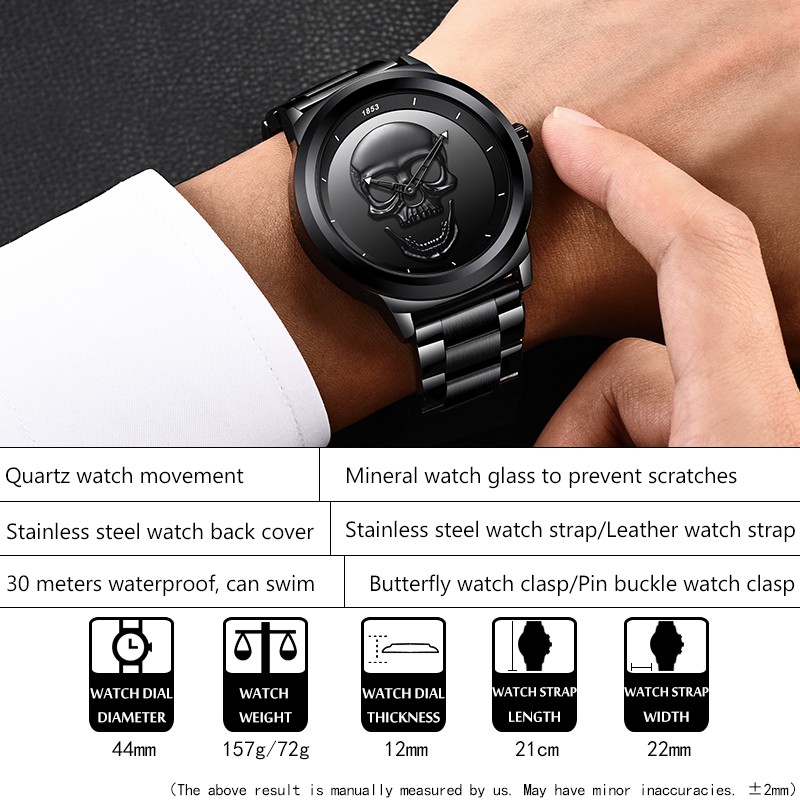 【Official product】WISHDOIT Simple atmosphere watch Waterproof swim watches stainless steel personality Crossbones skull casual watch Boutique popular watches Black watch Quartz watch fashion trend Young man watch.