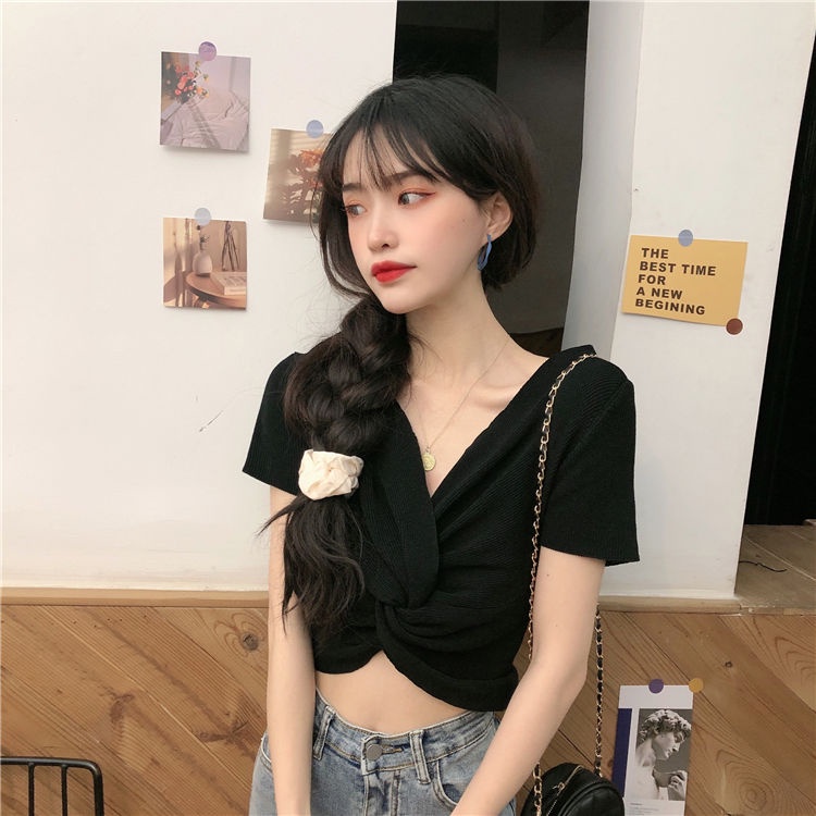 Áo Thun Dệt Kim Tay Ngắn Thiết Kế Đan Chéo Quyến Rũ Thời Trang Mùa Hè Cho Nữ