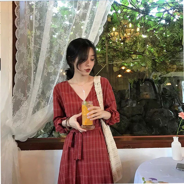 (Order-ảnh thật) Bigsize Đầm vintage kẻ cổ V dáng dài nhẹ nhàng thang lịch 2019