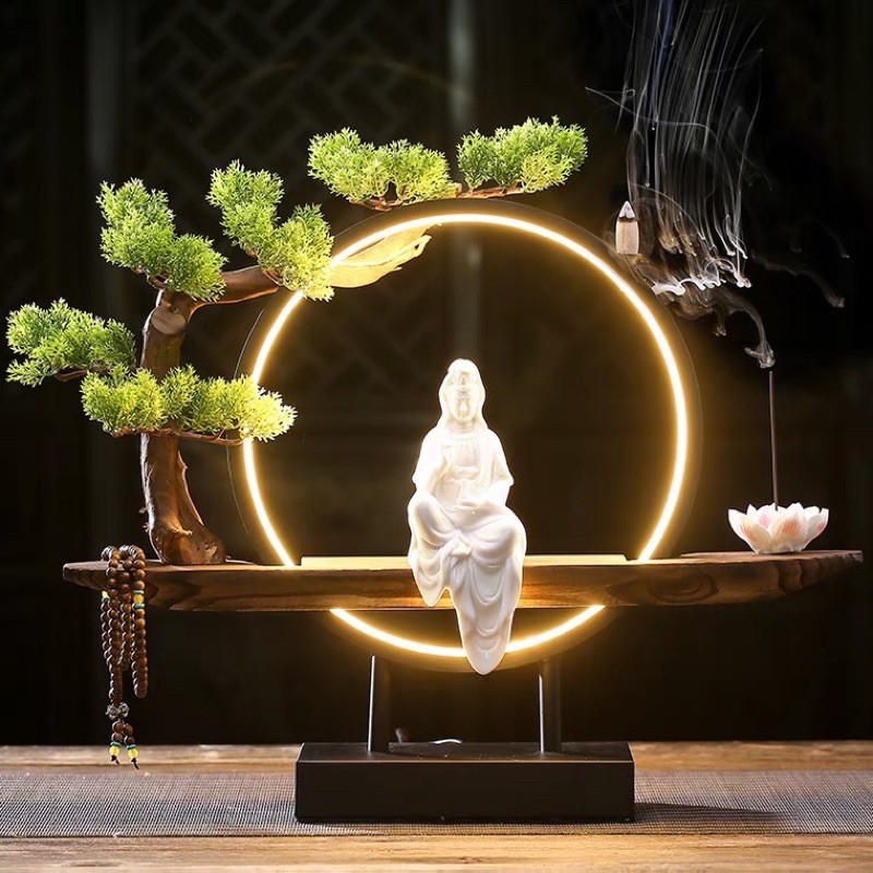 Tượng Phật Quan Âm Bồ Tát Có Đèn Led, Đốt Hương Trầm, Tượng Phật An Nhiên, Én Decor