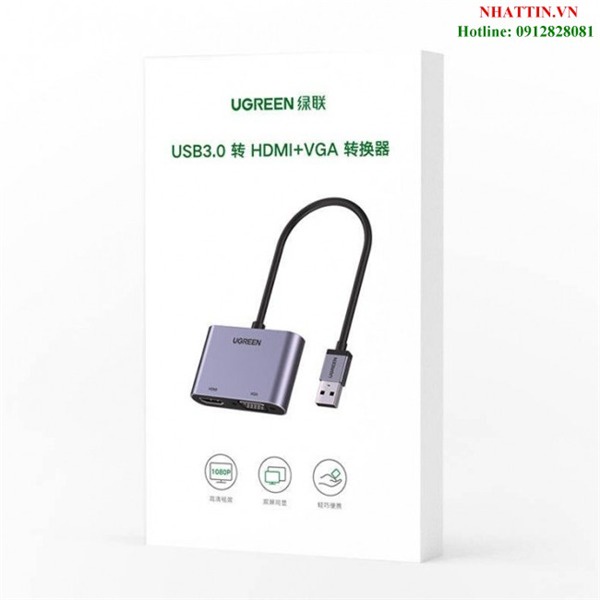Cáp chuyển đổi USB 3.0 sang HDMI + VGA Cao Cấp Ugreen 20518 Chính Hãng